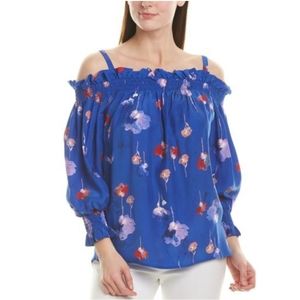 Tyler Böe Floral Cold Shoulder Silk Top Blue Size S Small